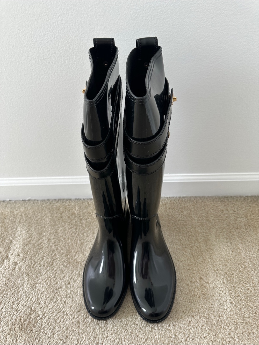 Coach Patent Black Knee-High Rain Boots with Gold Accent